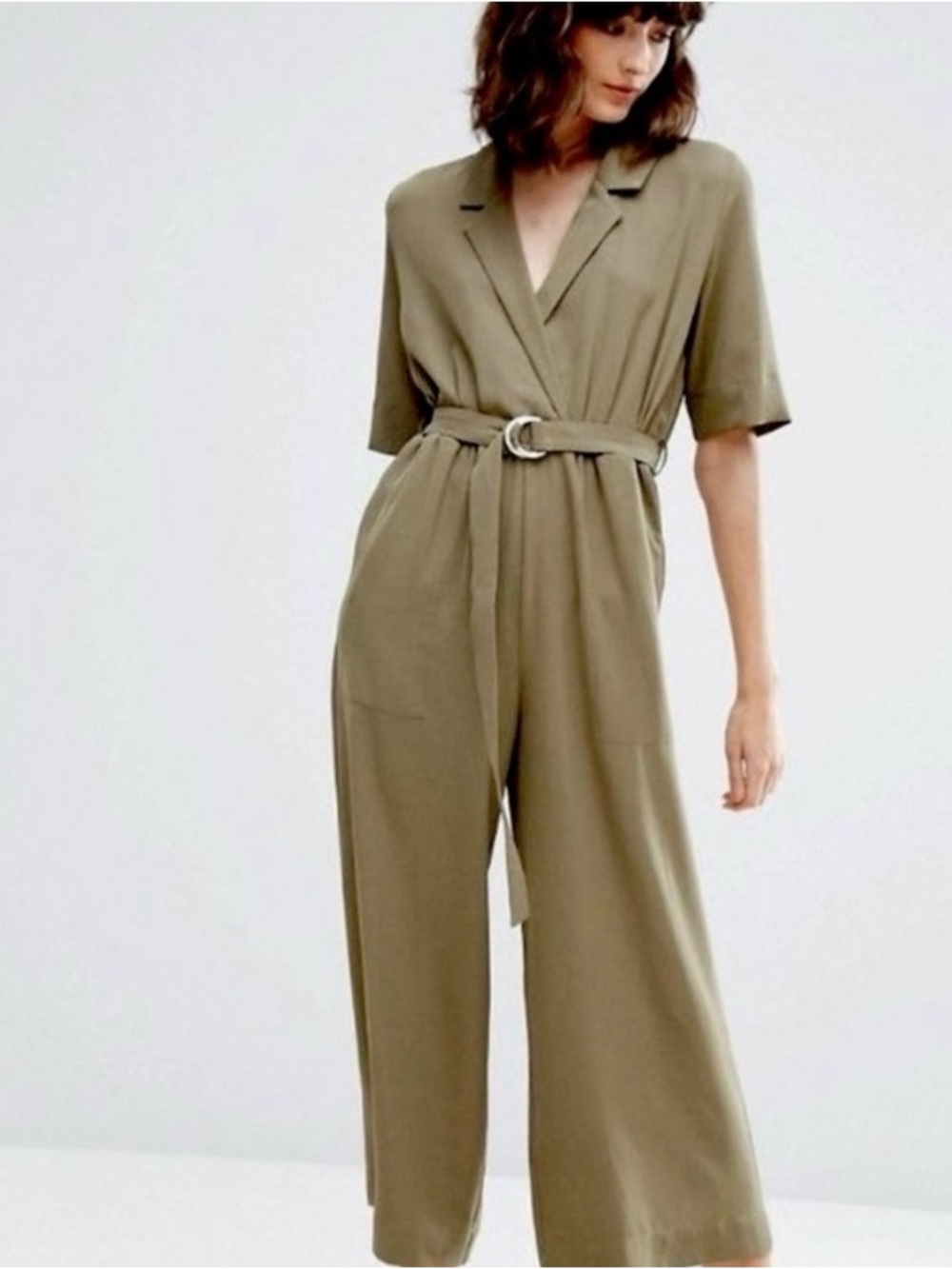 WEEKDY Jimy Olive Belted Short-Sleeve Jumpsuit